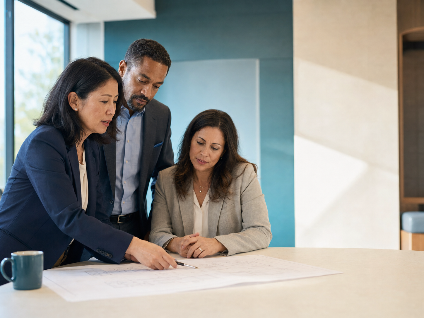 A health-system finance executive reviewing a planning document with two colleagues